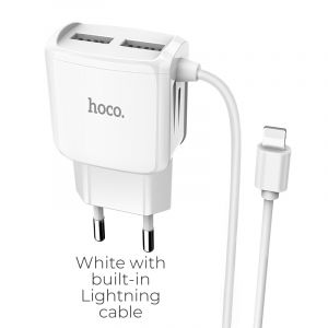 Зарядное устройство HOCO C59A, 2.4A, белый, lightning, двойной порт, быстрая зарядка